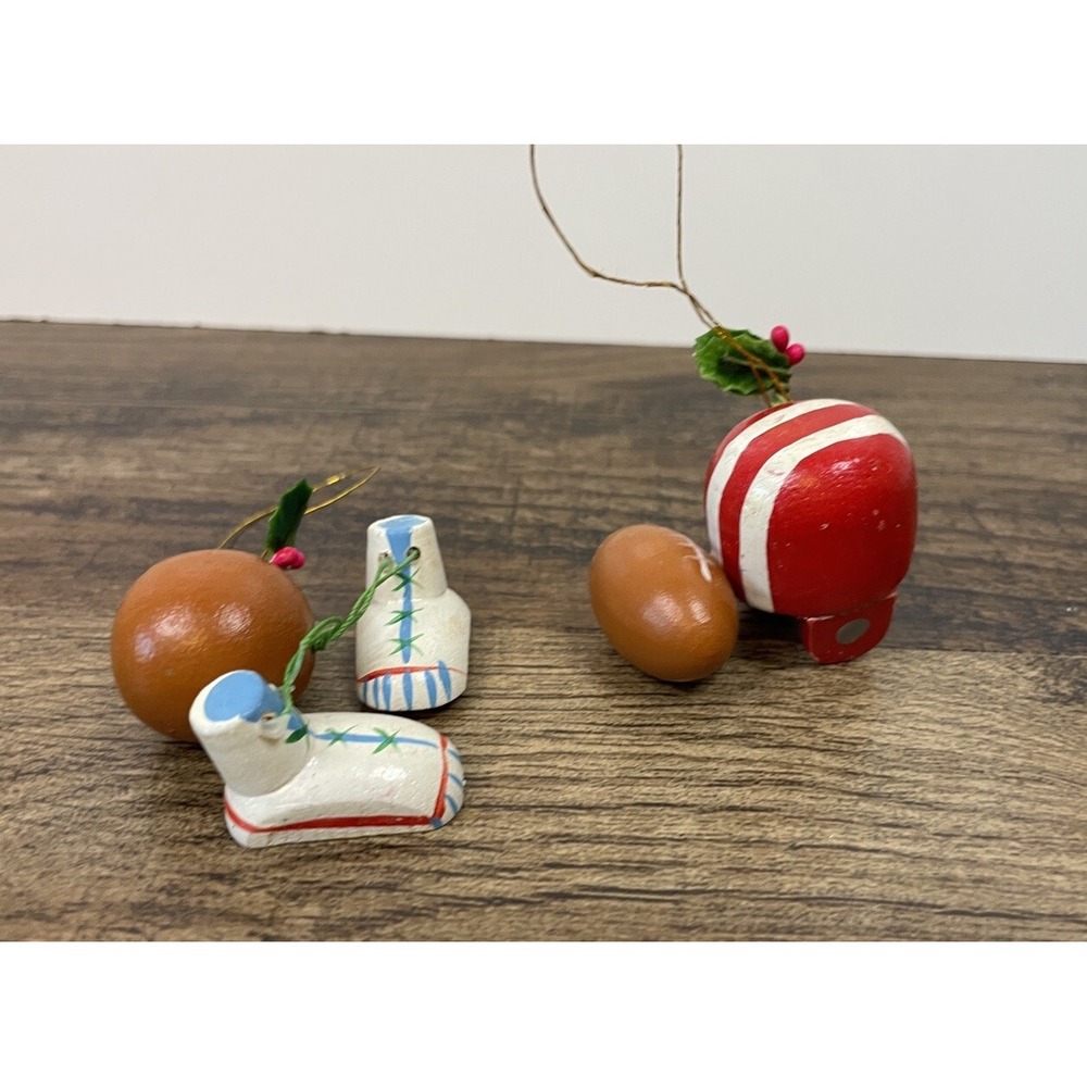 Vintage Kurt S. Adler Wooden Football & Basketball Christmas Ornaments 1984